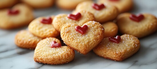 Aufkleber - Heart-shaped sugar cookies decorated with red icing and sugar sprinkles on a marble surface, perfect for celebrations and holidays.