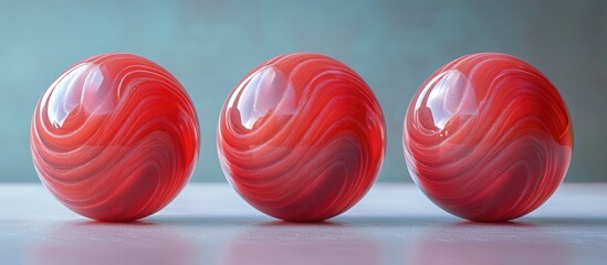 Poster - Three glossy red spheres with swirling patterns arranged in a symmetrical line against a soft blurred background.