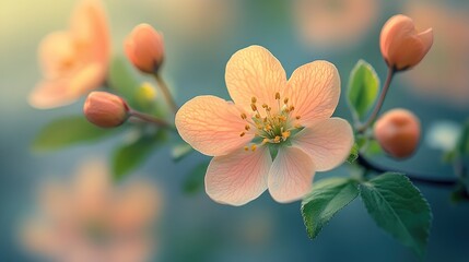 Poster - Delicate spring flower blossom with buds on a lush green background showcasing vibrant colors and soft focus for design use