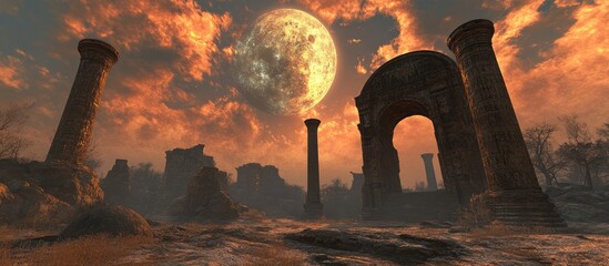 Poster - Majestic sunset over ancient ruins with fairy chimneys illuminated by a dramatic sky and the glowing moon highlighting the landscape.