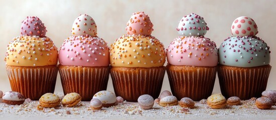 Aufkleber - Colorful Easter cupcakes topped with icing and sprinkles arranged on a light background with decorative cookies scattered around them