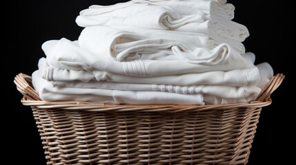 Poster - Wicker basket filled with neatly folded white clothes isolated on a black background highlighting organization and cleanliness in laundry.