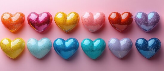 Poster - Colorful glitter hearts arranged in a vibrant pattern on pastel pink background perfect for Valentine's Day or romantic celebrations
