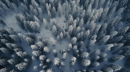 Poster - aerial view of a serene winter forest showcasing snow-covered trees creating a peaceful landscape in