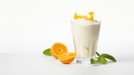 Poster - Refreshing yogurt topped with orange slices in a glass garnished with mint leaves against a clean white background