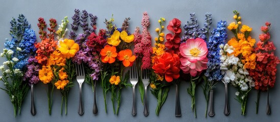 Aufkleber - Colorful floral arrangement with cutlery against a light gray background showcasing beauty in table settings and dining aesthetics