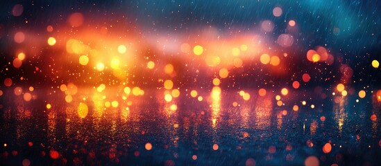Poster - Colorful bokeh lights with reflections in a rain-soaked background creating a dreamy and atmospheric visual effect