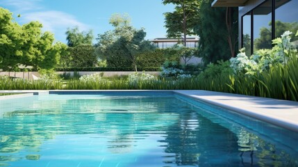 Poster - Tranquil swimming pool reflecting sunlight surrounded by vibrant greenery and fresh grass offers a serene outdoor escape with a peaceful ambiance