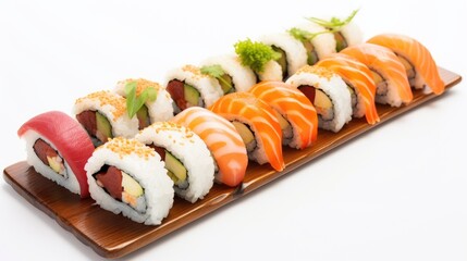 Aufkleber - Sushi roll and sashimi platter showcasing authentic Japanese cuisine on a clean white background for culinary and food-themed projects