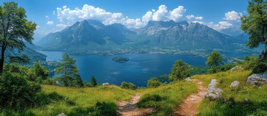 Aufkleber - Breathtaking panoramic view of a serene lake surrounded by majestic mountains and lush greenery from a mountain summit