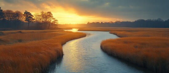 Poster - Scenic river winding through golden salt marsh at sunset surrounded by trees and dramatic clouds
