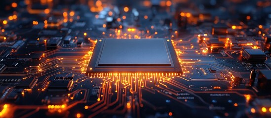 Fototapete - Mainboard circuit upgrade and repair concept showcasing electronic technology and computer hardware with illuminated microchip details