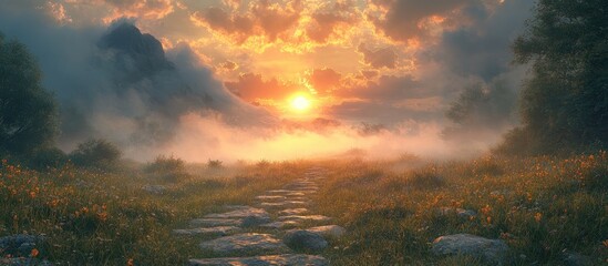 Poster - Morning stroll on stone pathway through misty landscape with vibrant sunrise and lush greenery in serene nature setting