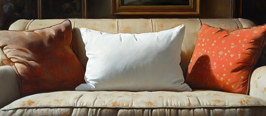 Poster - Cozy morning scene featuring a comfortable sofa adorned with a white pillow and decorative cushions in warm tones.