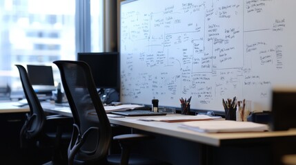 Aufkleber - Modern Office Space Featuring Whiteboard with Handwritten Notes and Graphs, Empty Chairs, and Organized Workspace for Creative Brainstorming and Collaboration