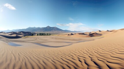 Poster - Gigapan panorama of expansive sand dunes and mountains in a tranquil desert valley under a clear blue sky