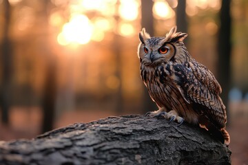 Poster - A majestic owl perches on a log, surrounded by a forest bathed in warm sunset light, showcasing its intricate feathers and piercing eyes.
