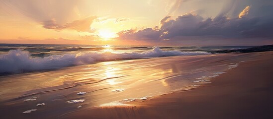 Poster - Serene sunset over the beach with reflections and shadows creating a tranquil atmosphere on the shimmering sea.