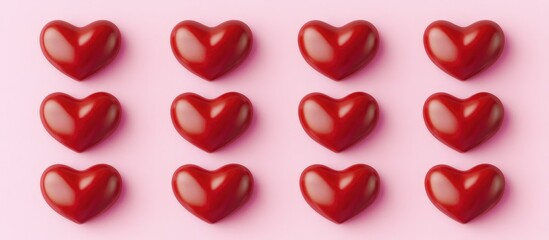 Aufkleber - Twelve glossy red heart candies symmetrically arranged on soft pink background for romantic themes and Valentine's Day visuals