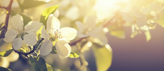 Poster - Sunny spring backdrop with blooming white apple tree flowers in an abstract blurred orchard setting creating a serene natural atmosphere.
