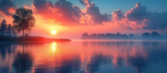 Aufkleber - A breathtaking sunrise over calm waters reflecting vibrant colors and serene nature in a tranquil setting.