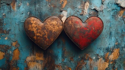 Poster - Two vintage heart-shaped cardboard pieces on a distressed backdrop symbolizing love and romance theme for creative projects and ads