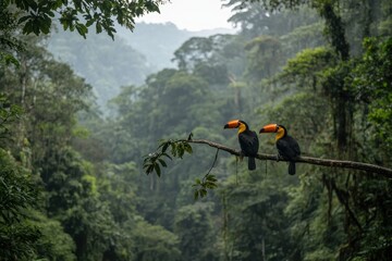 Aufkleber - Two vibrant toucans perch on a branch, surrounded by lush green rainforest, with misty mountains in the background.