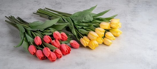 Poster - Colorful tulip bouquet featuring red and yellow flowers ideal for spring holiday decor and floral arrangements on a light background