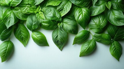 Poster - Lush sweet basil leaves beautifully arranged on a white background showcasing vibrant greenery and natural texture in overhead view.