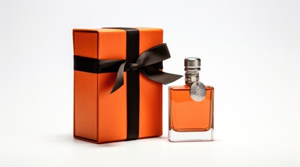 Poster - Cubes and leather bottle beside an elegant orange gift box with black ribbon against a clean background for stylish presentation and gifting.