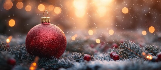 Aufkleber - Festive red Christmas ornament on snowy evergreen ground with soft glowing bokeh lights creating a magical winter atmosphere