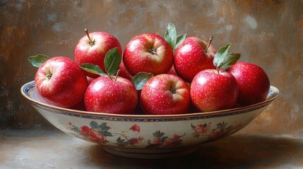 Aufkleber - Still life composition of ripe red apples with green leaves displayed in an ornate bowl on a textured background