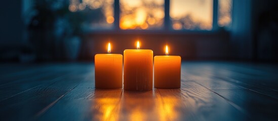 Poster - Tranquil ambiance with three lit candles on a wooden floor at sunset creating a cozy and warm atmosphere in a serene setting