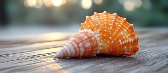 Poster - Close-up of a vibrant orange sea shell resting on a rustic wooden table with soft natural lighting in the background