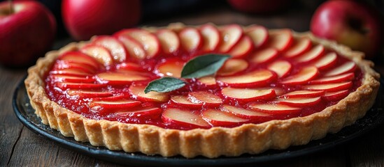 Aufkleber - Delicious apple tart garnished with fresh apple slices and a glossy red glaze on a rustic wooden surface.