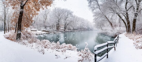Aufkleber - Serene winter landscape with snow-covered trees and a tranquil river in a snowy panorama