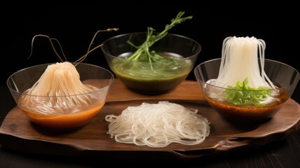 Poster - Variety of glass and bean noodle dishes presented in elegant bowls with vibrant garnishes on a wooden serving platter against a dark background