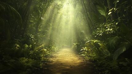 Aufkleber - A serene forest path illuminated by soft sunlight filtering through lush greenery, creating a tranquil and inviting atmosphere.