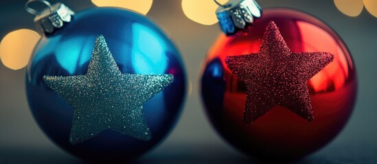 Aufkleber - Close up of blue and red holiday ornaments with star designs surrounded by soft bokeh lights creating a festive atmosphere