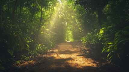 Aufkleber - A serene forest path illuminated by sunlight filtering through lush green foliage, creating a tranquil atmosphere.