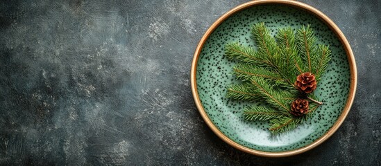 Aufkleber - Holiday dinner plate featuring fresh fir branches and pine cones on a rustic background creating a festive seasonal atmosphere.