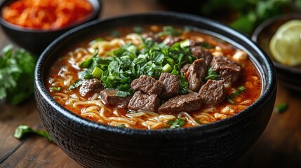 Aufkleber - Thai beef noodle soup in a rustic bowl garnished with herbs on a wooden table showcasing vibrant flavors and traditional ingredients