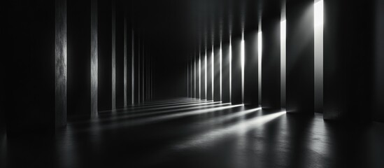 Poster - Modern architectural interior design showcasing dramatic lighting and shadows in a spacious minimalist setting.