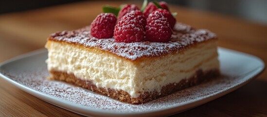 Poster - Delectable tres leches cake topped with fresh raspberries and dusted with powdered sugar on a rustic wooden table