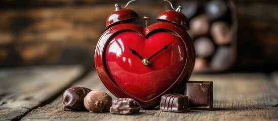 Aufkleber - Valentine's Day themed heart-shaped clock with chocolates on wooden surface close-up romantic gift concept
