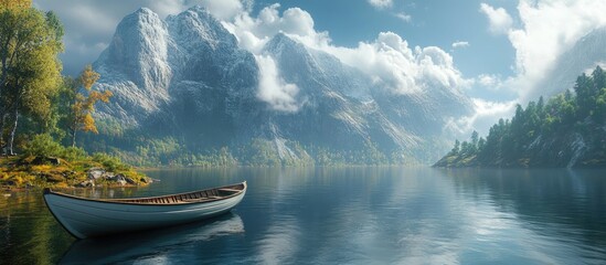 Wall Mural - Stunning landscape of serene lake with a boat and majestic mountains under a clear blue sky with fluffy clouds.