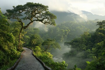 Aufkleber - Lush greenery envelops a winding path through a misty jungle, showcasing a serene landscape filled with trees and soft sunlight filtering through the foliage.