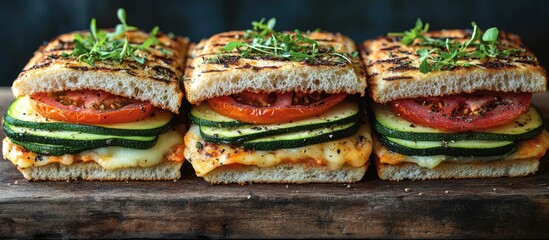 Aufkleber - Grilled sandwiches with zucchini tomatoes and cheese garnished with fresh herbs on rustic wooden background