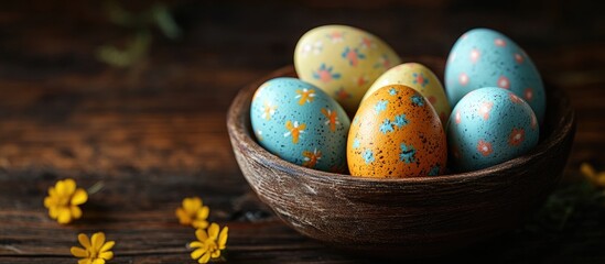 Aufkleber - Decoratively painted Easter eggs in a wooden bowl surrounded by flowers on a rustic wooden surface.