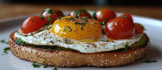 Poster - Toasted bagel with poached egg organic cherry tomatoes cream cheese and avocado garnished with herbs for a delicious vegan brunch